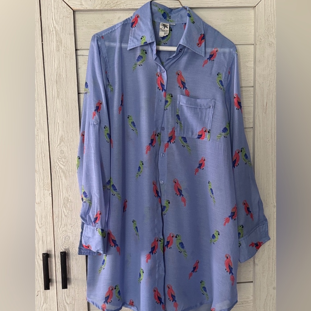 Violet sky Parrot print light blue swim coverup sheer cute tropical bird design